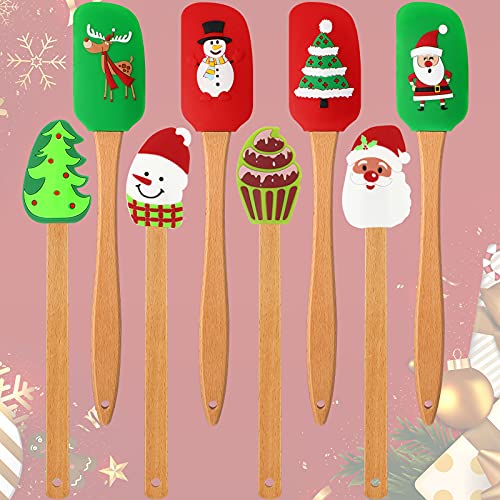 8 Pieces Christmas Silicone Spatula Santa Claus Pattern Spatula Christmas Cake Decorating Spatula Kitchen Silicone Spatula with Handle for Stir Butter Cream (Lovely Style, Wooden Handle)