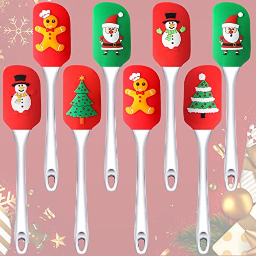 8 Pieces Christmas Silicone Spatula Santa Claus Pattern Spatula Christmas Cake Decorating Spatula Kitchen Silicone Spatula with Handle for Stir Butter Cream (Vivid Style, Plastic Handle)