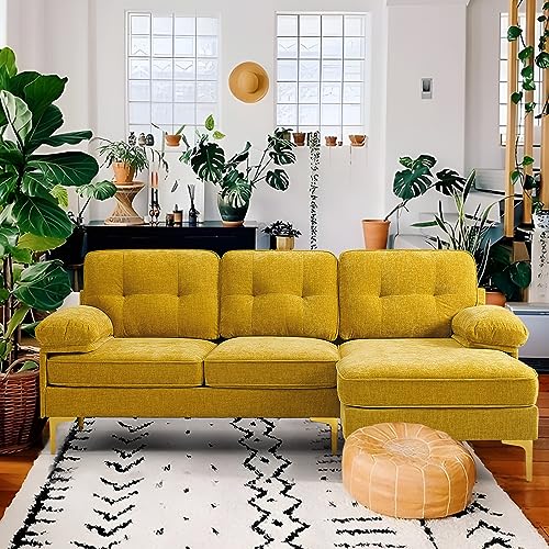 82" Sectional Couch w/Chaise Sleeper, Chenille Small L Shape Sofa Couch, Sofa with Chaise Mid-Modern Century Couch with Removable and Washable Cushions (Yellow)