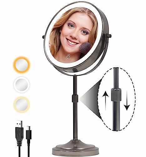 9" Lighted Makeup Mirror with 1X 10x Magnification, 5000mAh Rechargeable Magnifying Vanity mirror with lights, 3 Lighting Color, Brightness Dimmable and Height Adjustable Cosmetic Mirror Gunmetal Grey