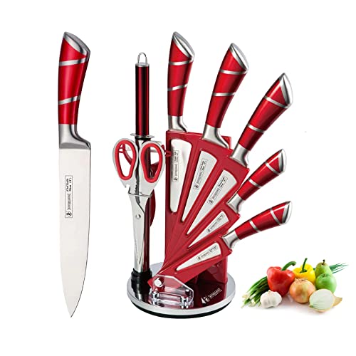 9-Piece Red Kitchen Knife Set with Acrylic Block