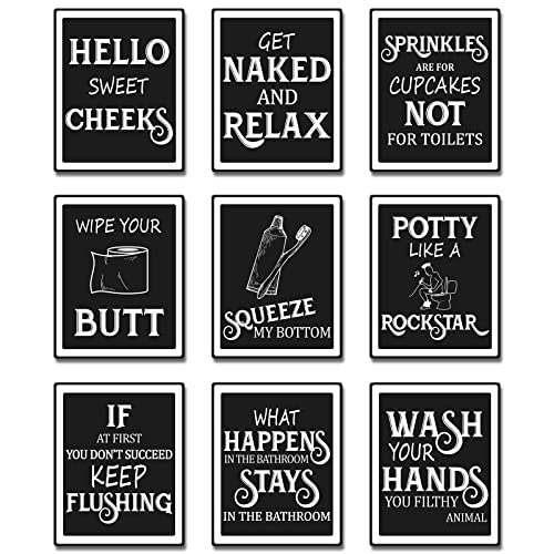 9 Pieces Bathroom Wall Art Wall Decor, Funny Vintage Bathroom Sign Bathroom Quotes Sayings Art Prints Bathroom Posters for Wall Restroom Bathroom Decor Pictures, Unframed (White Font)