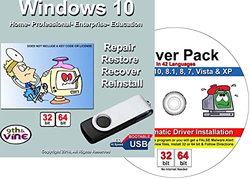 9th & Vine Windows 10 Repair USB & Drivers DVD