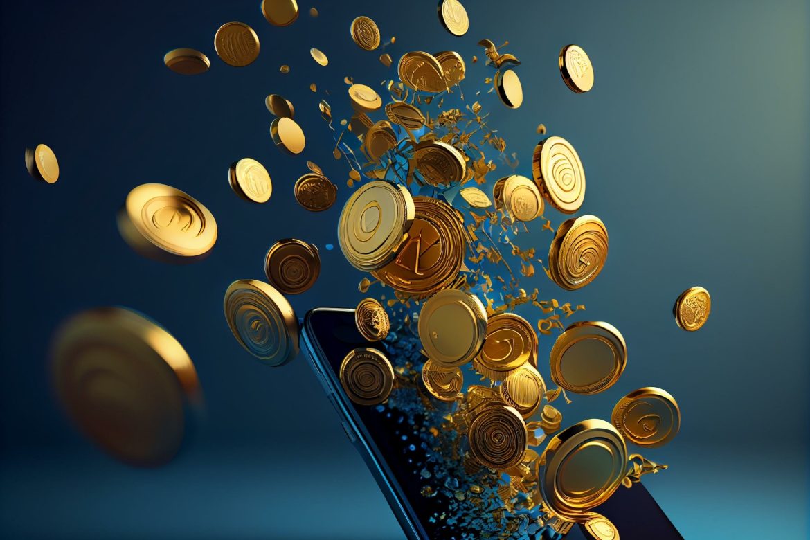 Golden coins flowing between smartphone