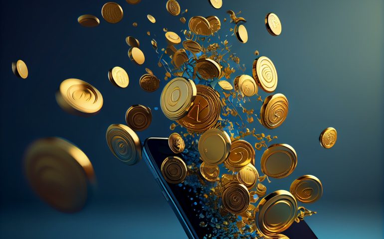 Golden coins flowing between smartphone