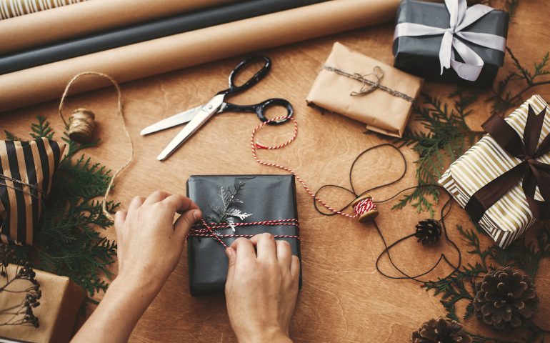 Wrapping christmas gifts flat lay