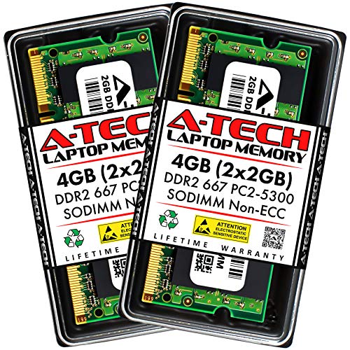 A-Tech 4GB (2x2GB) DDR2 667MHz SODIMM PC2-5300 1.8V CL5 200-Pin Non-ECC Unbuffered Laptop RAM Memory Upgrade Kit