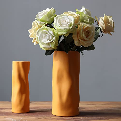 Abbittar Ceramic Vase Set of 2, 10.7" and 9" Large Flower Vases for Rustic Home Decor, Modern Farmhouse Decor, Living Room Decor, Table, Counter, Mantel and Entryway Decor (Dark Yellow/Orange)
