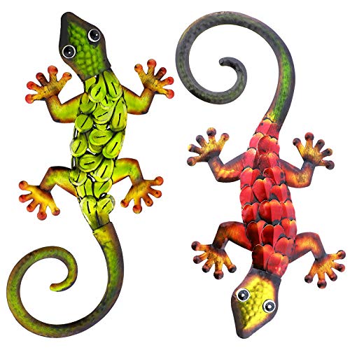 aboxoo Metal Gecko Set Wall Decor -Large Lizard Garden Art Sculpture Crafts Statue Hanging Decoration Ornaments for room/Yard/Fence/Garden/Children'S Toy/Gift (Red, Green)