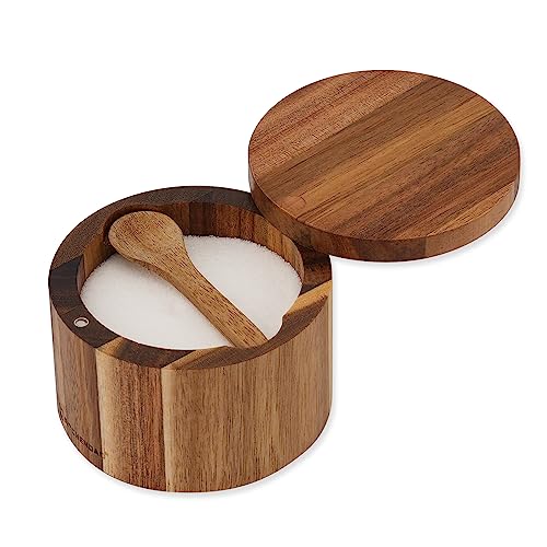 Acacia Wood Salt Cellar Bowl Box with Spoon