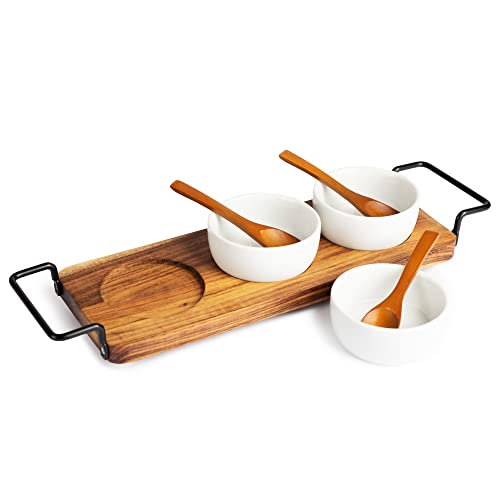 Acacia Wood Serving Tray with Ceramic Bowls & Wooden Spoons