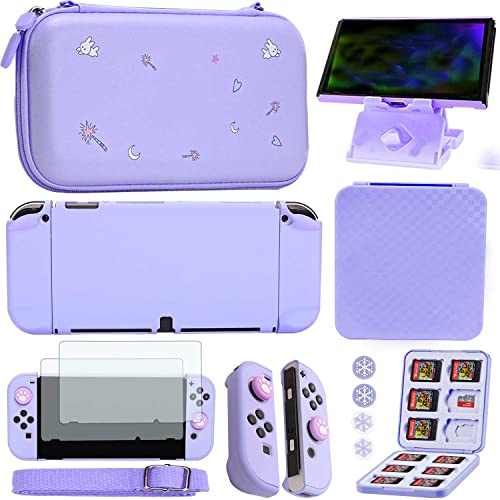 Accessories Bundle for Nintendo Switch OLED - YOOWA girly Accessory Kit NS Oled Set with Carrying Case Protective Cover Screen Protector Game Card Holder Play Stand for girls - Purple
