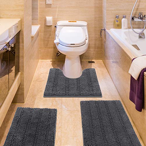 ACCUMTEK Striped Grey Bathroom Rug Set 3 Pieces Gray Ultra Soft, Non Slip Chenille Toilet Mat, Absorbent Plush Shaggy Bath Mats for Bathroom, Bedroom, Kitchen, Charcoal