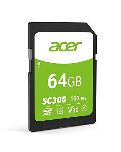 acer SC300 64GB SDXC UHS-I SD Memory Cards - C10, U3, V30, 4K UHD, Up to 160MB/s Read Speed for DSLR and Camera - BL.9BWWA.307