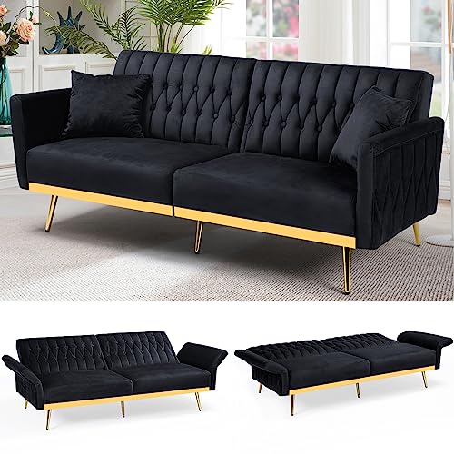 ACMEASE 70” Velvet Futon Sofa Bed with Adjustable Armrests