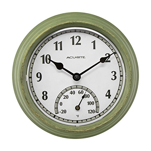 AcuRite 02470 Rustic Green Outdoor Clock with Thermometer, 8.5"
