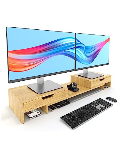 Adjustable Bamboo Dual Monitor Stand Riser with Drawers