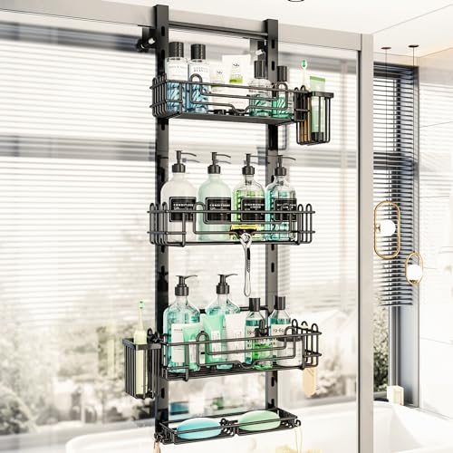 Adjustable Over the Door Shower Caddy with Hooks and Toothbrush Holders