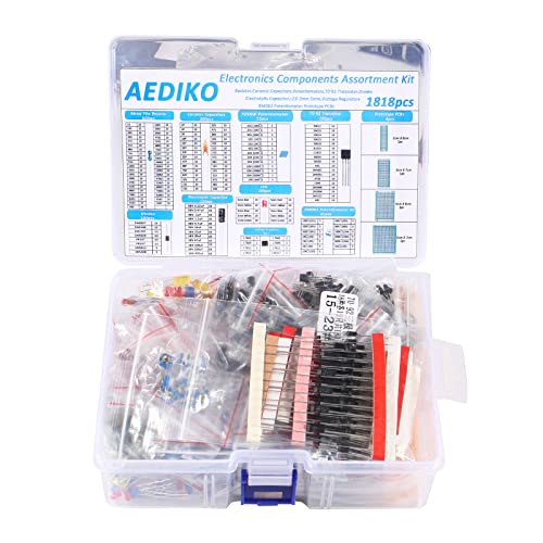 AEDIKO Electronics Components Assortment Kit (1818pcs) Electrolytic Capacitor, Ceramic Capacitor, LED Diode, Common Diode, Resistor, Transistor Component for Electronic DIY Project