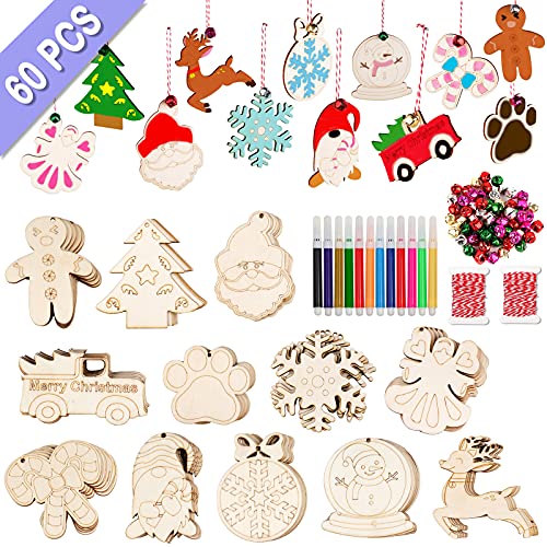 AerWo 60pcs Wooden Christmas Ornaments, 12 Styles Unfinished Wood Slice Ornaments, DIY Christmas Ornaments Set with Bells, Colored Markers and Ropes, for DIY Craft Making and Christmas Tree Ornaments