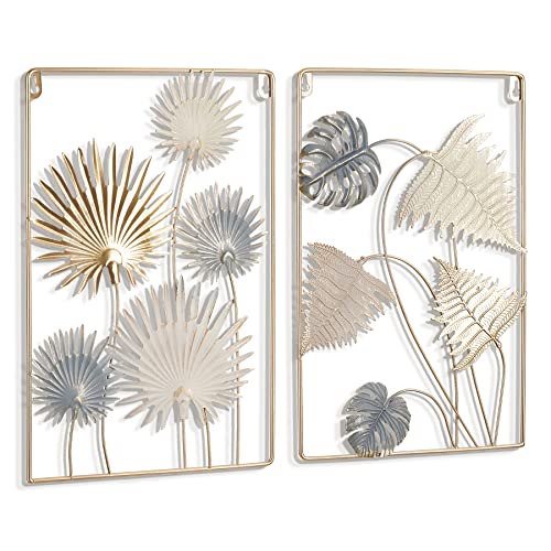 AHUONEL 2Pcs Gold Metal Wall Art Decor Leaf Wall Decor, Metal Line Art Minimalist Wall Art, Hanging Wall Sculptures with Frame, Modern Home Decor for Living Room Bedroom Office Hotel, 16.2" x 10.5"