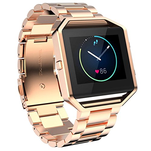 AISPORTS Compatible for Fitbit Blaze Band with Frame for Women Men, Fitbit Blaze Band Stainless Steel Adjustable Wristband Metal Bezel Bracelet Replacement Band for Fitbit Blaze Smart Watch, Rose Gold