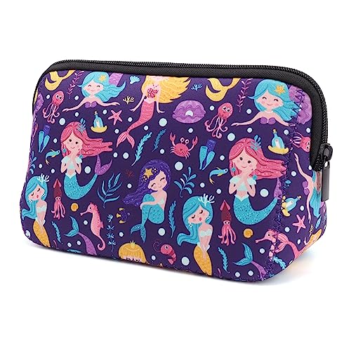 AJLTPA Cosmetic Bag Waterproof Neoprene Zipper Pouch Travel Portable Toiletry Makeup Bags Organizer Case for Women and Girls, Cute Mermaid