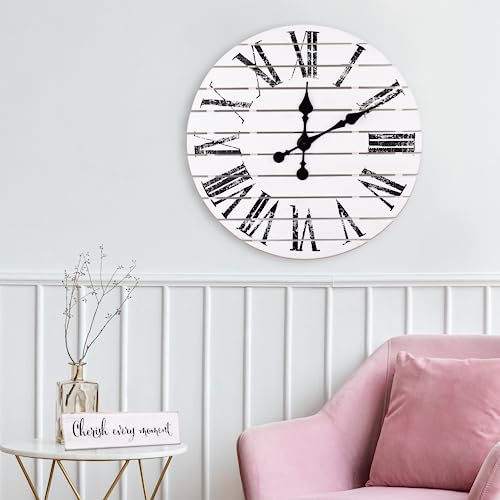 ALBEN Large Farmhouse Wall Clock - 24 inch Round Shiplap Farmhouse Style Clock Bundled with Decorative Reversible Wooden Sign