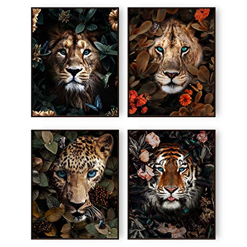 AllBlue Jungle Safari Animal Wall Art Prints Poster Lion Tiger Leopard Animal Wall Decor Set of 4 Animal Wall Pictures for Living Room Home Decor (8"x10" Unframed)