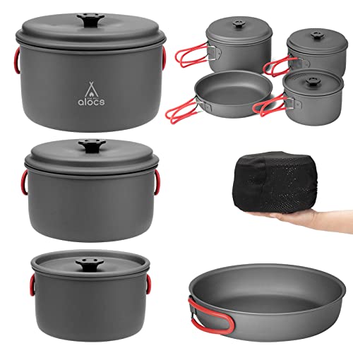 Alocs Camping Cookware, Compact/Lightweight/Durable Camping Pots and Pans Set, Camping Cooking Set for Outdoor Backpacking Camping Hiking Picnic, Included Mesh Carry Bag