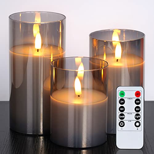 Amagic Glass LED Flameless Candles, Battery Candles, Pillar Candles Battery Operated with Remote Control and Timer, Electric Candles, Wax+Grey Glass, D3 H4 5" 6", Set of 3