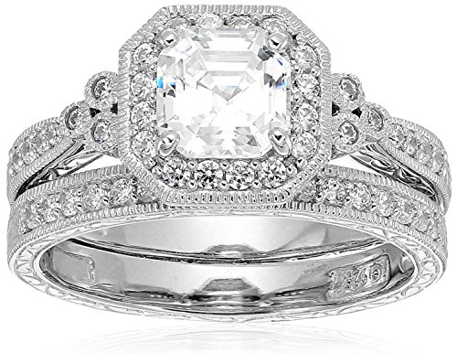 Amazon Collection Platinum-Plated Sterling Silver Antique Ring set with Asscher-Cut Infinite Elements Cubic Zirconia, Size 6
