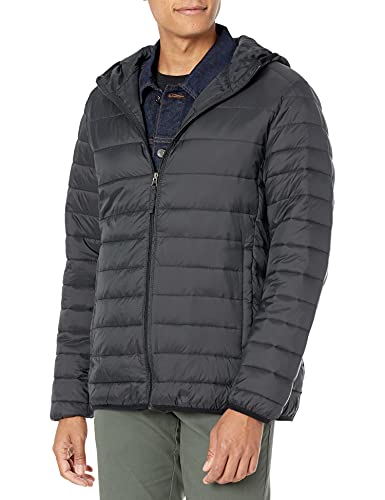 Amazon Essentials Men's Lightweight Water-Resistant Packable Hooded Puffer Jacket, Black, Medium