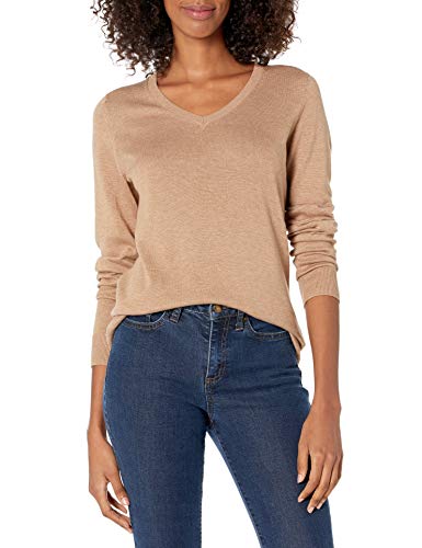 Amazon Essentials Women's Classic-Fit Lightweight Long-Sleeve V-Neck Sweater (Available in Plus Size), Camel Heather, Medium