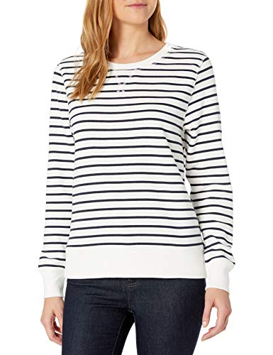 Amazon Essentials Women's French Terry Fleece Crewneck Sweatshirt (Available in Plus Size), White/Navy, Stripe, Medium