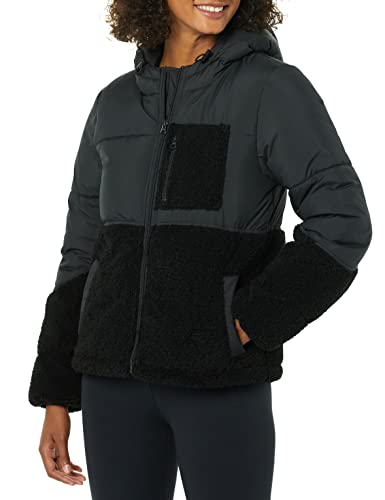 Amazon Essentials Women's Sherpa Puffer Jacket, Black, Medium