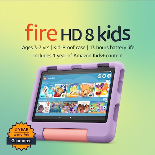 Amazon Fire HD 8 Kids tablet, 8" HD display, ages 3-7, includes 2-year worry-free guarantee, Kid-Proof Case, 64 GB, (2022 release), Purple