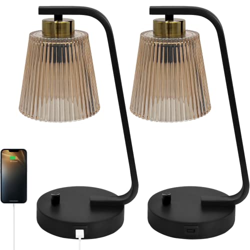 Amber Glass Bedside Table Lamps Set of 2 with USB Port