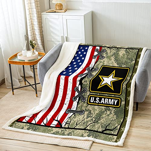 American Flag Blanket for Adult Boys Army Green Camo Bed Plush Blanket Kids Men Vintage USA Flag Throw Blanket Youth Girls Retro Military Camouflage Grunge Stripes Fuzzy Blanket