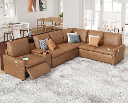 AMERLIFE Power Recliner, Reclining Sectional Sofa with Console, 6 Seats L Shaped Recliner Couch with Cup Holder& Charging Socket, Leather Modular Sofa for Living Room