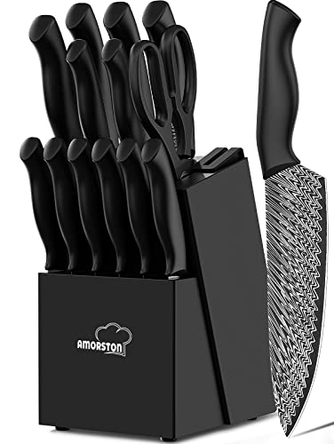 Amorston 15-Piece Kitchen Knife Set with Built-in Sharpener, Dishwasher Safe
