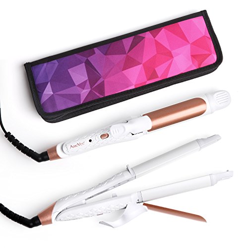 AmoVee Travel Curling Iron, 2 in 1 Mini Flat Iron Travel Hair Straightener, Dual Voltage, 1 inch, Carry Bag Included, A Valentines Day Gifts for Her (White)