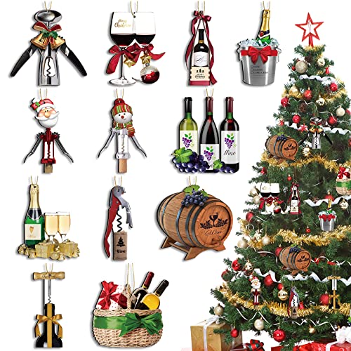 Amyhill 36 Pieces Christmas Corkscrew Ornaments Wooden Wine Glass Ornament Hanging Wine Bottle Ornament Xmas Decorations with Ribbons for Christmas Tree Home Mantel Fireplace Window Decor