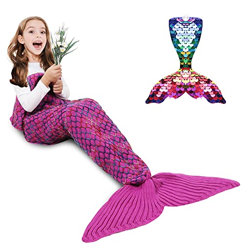 AmyHomie Mermaid Tail Blanket, Soft Crochet Sleeping Bag Blanket for Kids Adults, Mermaid Gift for Girls(Rainbow,Kids)