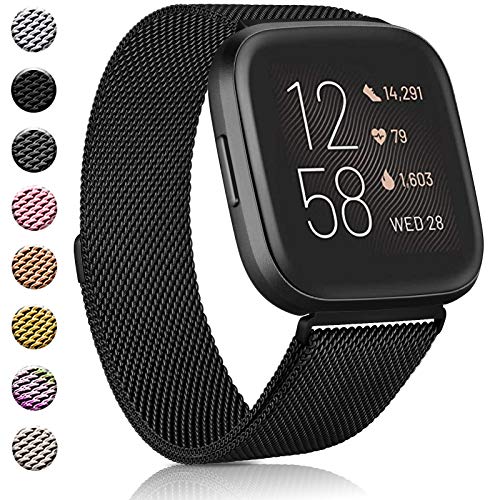 Amzpas bands Compatible with for Fitbit Versa 2 / Versa SE/Versa Lite/Versa, Breathable Stainless Steel Loop Mesh Magnetic Adjustable Wristbands for Women Men(Small,Black)