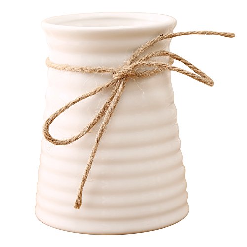 ANDING 5.7inches Modern Ribbed Design Small White Ceramic Decorative Tabletop Centerpiece Vase/Flower Pot
