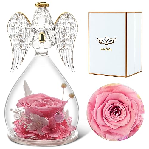 Angel Rose Figurines Angel Gifts for Women, Preserved Real Rose Glass Angel Gifts for Her Grandma Mom, Angels Figurines Guardian Unique Gifts Valentine Mothers Day Birthday Thanksgiving Gift - Pink