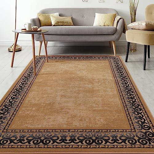 Antep Rugs Alfombras Bordered Modern 8x10 Non-Slip (Non-Skid) Low Pile Rubber Backing Indoor Area Rug (Gold Brown, 7'10" x 10')
