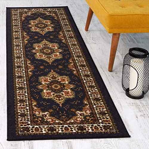 Antep Rugs Alfombras Oriental Traditional 2x7 Non-Skid (Non-Slip) Low Profile Pile Rubber Backing Indoor Area Runner Rugs (Black, 2' x 7')