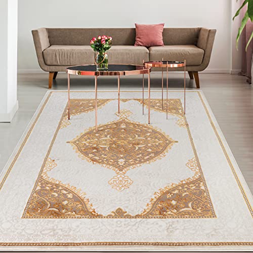 Antep Rugs Babil Gold 5x7 Oriental Bordered High Low Textured Traditional Indoor Area Rug, Beige Gold, 5'3" x 7'